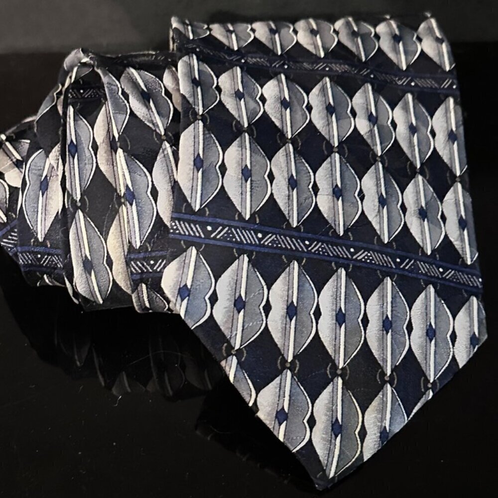 Pierre Balmain Blue Tie Gray Silk White Art  Deco Mid Century Modernist Silver